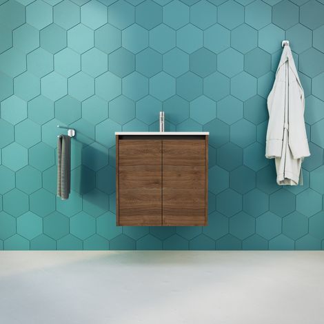 Inda - Meuble de salle de bain L.60 avec vasque brillante / Chêne