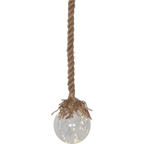 Hängende Leuchtkugel ,Jutta' aus Glas am Juteseil, 15 Dew Drop Leds, Batterien + Timer, transparent, H 140cm (1/4)