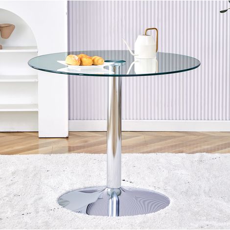 Table haute ronde en verre transparent Ø 85 cm, hauteur 76 cm, base métal argenté (1/5)
