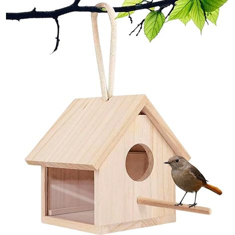 Transparentes Vogelhaus aus Holz für den Außenbereich, zum Aufhängen, für Garten oder Terrasse, 14 x 14 x 13 cm (1/5)