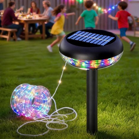 Guirlande Lumineuse Solaire RGB Extérieure 10 m, Lampe de Jardin 3-en-1 Piquet/Mur/Guirlande, Rechargeable USB-C, IP65, pour Terrasse, Allée, Clôture et Jardin (1/5)