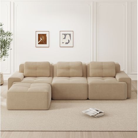 REDOM - Canapé d'angle 3 places modulable, confort nuage, assise profonde, sans montage, tissu côtelé beige (1/5)