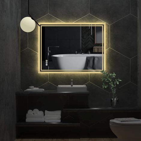 Miroir Salle de Bain LED - Miroir Mural Avec Éclairage Intégré Miroir Lumineux Anti Buée 3 Interrupteurs Tactiles - Rectangle 90x70cm