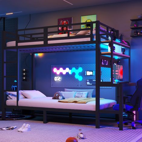 Letto a castello 90 x 200 cm con scrivania, mensole, LED, USB, metallo e MDF nero HAVRYA (1/5)
