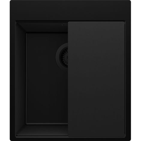 PRIMAGRAN Evier Cuisine en Granit 43x50cm,Lavabo 1 bac + Kit de Vidage + Planche à Découper, Évier à Encastrer au meuble 45cm - Oslo, Tout Noir (1/5)
