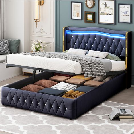 DESVIAE Lit double rembourré avec LED changeante et rangement hydraulique 140 x 200 cm velours noir tête de lit et pied de lit à motif losanges lattes incluses (1/5)