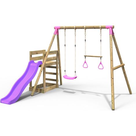 Wooden Double Swing Set with Trapeze Bar and Slide - Janus Pink