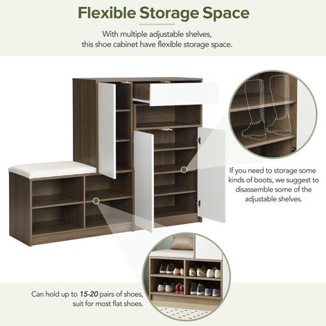 Banc de rangement pour chaussures avec assise rembourrée, étagère multifonctionnelle à casiers réglables, solution de stockage pour entrée, blanc (1/5)