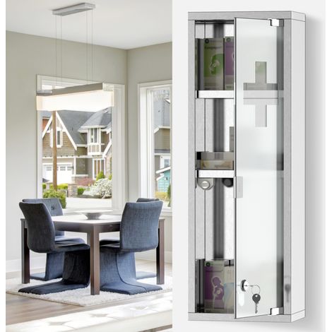 Armadietto per medicinali Kleankin in acciaio inox con anta in vetro temperato, chiudibile a chiave, con 3 scomparti, armadietto di pronto soccorso, 20 x 12 x 58 cm, argento