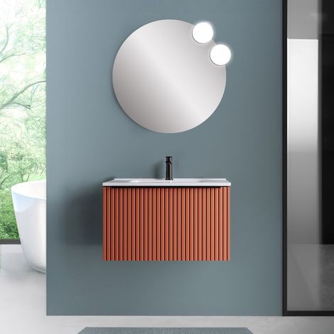 Mobile bagno sospeso 70 cm color terracotta cannettato con cassetto e lavabo Nara (1/5)