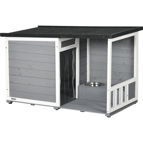 Casetta per cani con terrazza in legno grigio 103 x 62 x 60/66 cm, 2 ciotole e tetto bitumato (1/5)