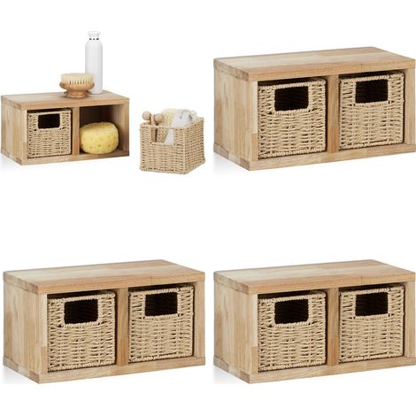 4 x Wandregal Walnuss klein im Set, Regalsystem, je 2 Körbe herausnehmbar, insgesamt 8 Fächer, für Bad, Küche oder Wohnzimmer, natur