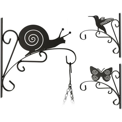 Relaxdays Blumenhaken mit Tier-Motiv, Blumenampelhalter für Wand, Metall Garten-Deko, HBT: 30 x 27,5 x 2cm, schwarz