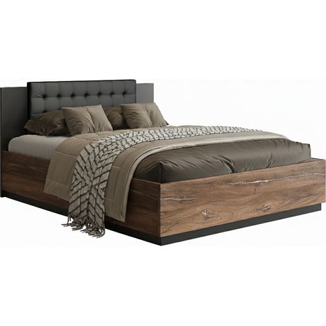 Cama Felelie 104, Roble Flagstaf oscuro + Cobre, Doble, 140x200, Aglomerado laminado, Somieres, 146x205x90cm (1/5)