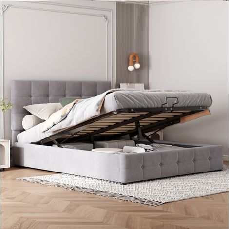 Cama tapizada moderna 140x200 cm gris con cabecero acolchado y arcón con apertura hidráulica (1/5)