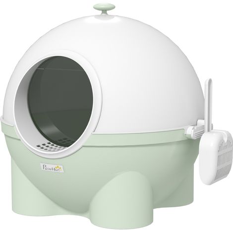 Maison de toilette pour chat design boule - porte battante, couvercle amovible, pelle - PP vert blanc