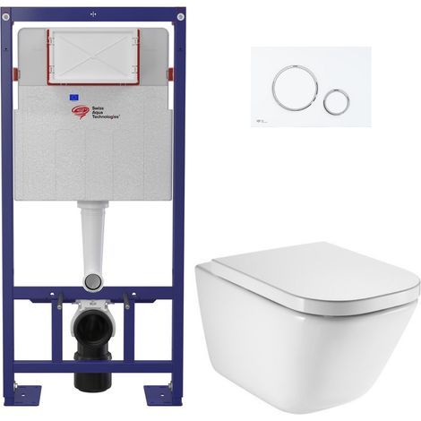 Pack WC bâti-support autoportant + WC suspendu sans bride avec abattant SoftClose + plaque blanc/chrome (STROGAWR06-U)