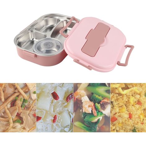 Boîte-repas en acier inoxydable 4 compartiments avec bol à soupe, idéale pour étudiants et adultes - Rose