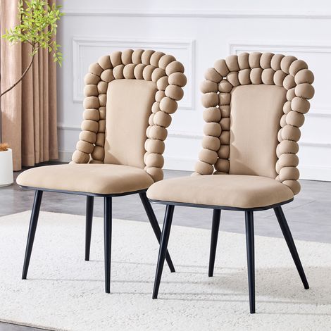 Ensemble de 2 chaises de salle à manger, dossier haut, chaînette à billes, design artistique, revêtues de velours camel clair (1/4)