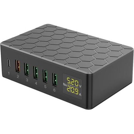 Stazione di ricarica USB 6 porte 65w QC3.0 hub di ricarica USB-a a multi-porta, con display a LED, caricabatterie compatto desktop per più dispositivi (1/5)
