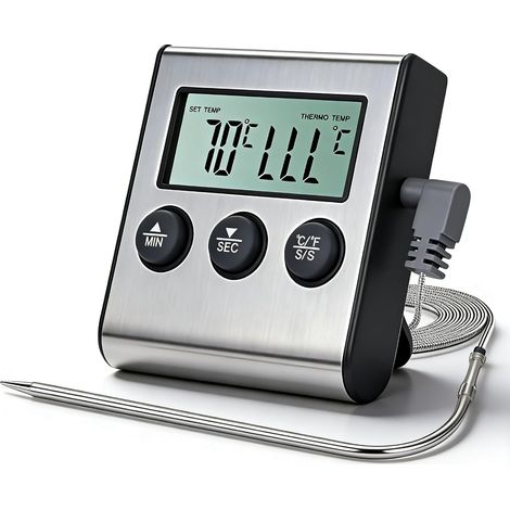 Thermomètre Cuisine Minuteur, 0 à 250°C Numérique Thermomètre à Viande Sonde Temperature, Minuterie, Alarme, Câble De 100cm, Grand éCran Lcd ThermomèTres Alimentaire Pour Griller Barbecue Four (1/5)