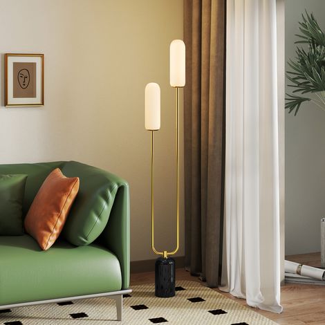 Lampada da terra per soggiorno con 2 paralumi in vetro, base in marmo e interruttore a pedale, bianca (1/5)