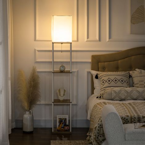 Lampada da terra, con luce indiretta, con ripiani, struttura in metallo, paralume in tessuto, 26x26x159 cm, bianco/marrone