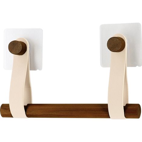 Dérouleur papier toilette WC en Bambou avec lanières Beige mat en simili cuir - TENDANCE (1/4)