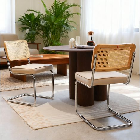Lote de 2 sillas de comedor de terciopelo, ratán y metal cromado, apilables, estilo moderno, beige (1/5)