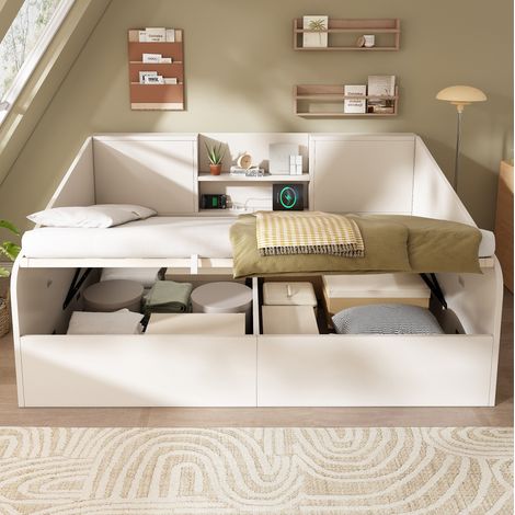 DESVIAE Lit de jour hydraulique 140 x 190 cm avec rangement sous lit étagères ouvertes station de charge USB et Type C blanc bois avec sommier à lattes (1/5)