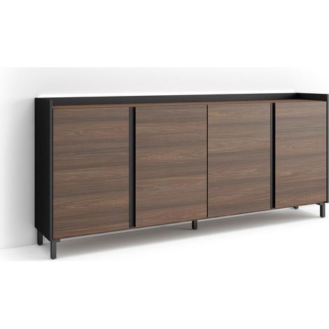 Skraut Home - Credenza, Mobile, Cucina, Madia, mobile ingresso, 207x35x91cm, 4 Porte, Design industriale, LED, Stile moderno, Rovere scuro e Nero (1/5)