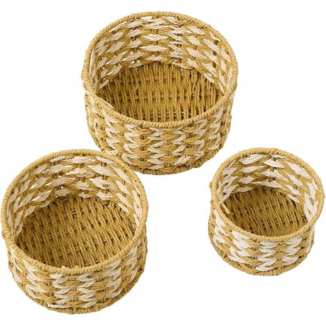 Panier De Rangement Tissé 3 Pièces, Panier De Rangement en Rotin Tissé à la Main, Bac De Rangement Rond Rustique élégant Tissé à la Main pour Le Rangement De Vêtements, Jouets, Collations (1/5)