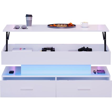 Table basse relevable hydrauliquement 100 x 50 x 44 cm avec LED Bluetooth, 2 tiroirs, rangement caché et hauteur jusqu'à 58 cm, blanche  CHICFURN (1/5)