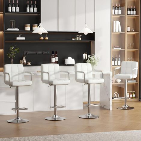 Barhocker 4er Set höhenverstellbar mit Rückenlehne und Fußstütze, 360° drehbar, PU-Leder, Weiß (1/5)