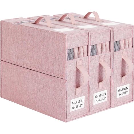 Lot de 3 Boîtes de Rangement pour Drap de Lit, Caisse Pliable en Tissu pour Housse de Couette, Organisateur de Linge sous Lit et Placard (Rose)