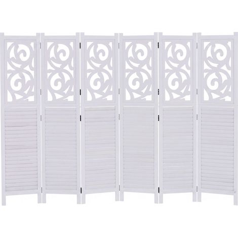 Paravent T568, cloison de séparation, brise-vue, séparation d'espace, motifs décoratifs, pliable, bois de paulownia, 170 x 240 cm, blanc