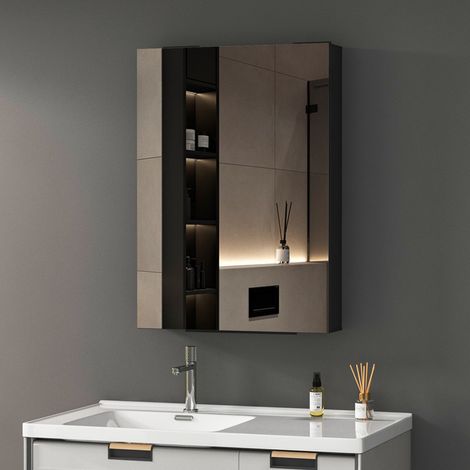 Spiegelschrank Bad 40x60 cm Spiegelschrank Schwarz Badezimmerspiegel Spiegelschränke Badschrank Badezimmer Spiegelschrank Medizin Kabinett Wandschrank mit Spiegel und Verstellbare Glasablage