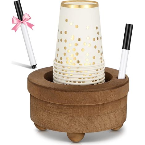 Wooden cup holder with marker slot, brown. Cup holder, disposable cup dispenser (classic style, 6.1 inches). (1/5)