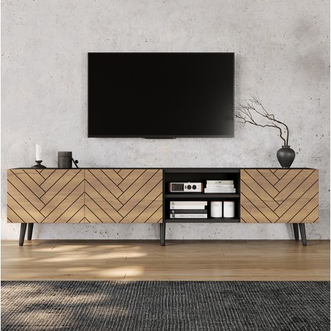 Meuble TV 180x33,5x45 cm pour téléviseur jusqu'à 75 pouces, avec rangement et passe-câbles, bois naturel noir (1/5)