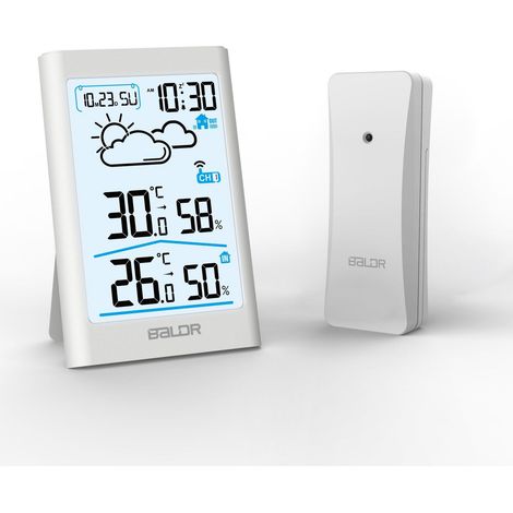 Compteur de température et d'humidité intérieure et extérieure domestique Station météo sans fil Affichage grand écran LCD Prévisions météo Réveil électronique (Blanc) (1/5)