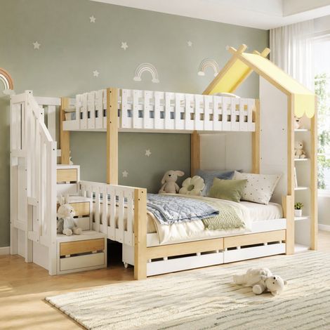 Litera infantil de madera de pino y MDF blanco/natural 90x200 cm + 140x200 cm con almacenaje integrado