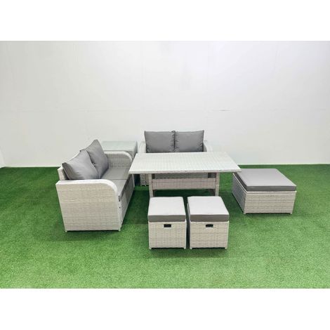 Fimous 7 Seater Outdoor Love Sofa Set Rattan Garden Furniture Set with Rectangular Dining Table 3 Footstool Side Table Light Grey (1/4)