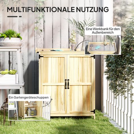 Abri de jardin extérieur avec plan de travail, en bois naturel et inox, double porte, rangement d'outils et matériel. (1/4)