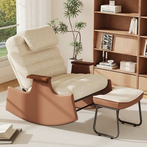 Fauteuil à bascule relax avec tabouret, dossier réglable 3 positions, tissu bouclette beige, accoudoirs en bois, cadre simili cuir, pour salon et chambre (1/5)
