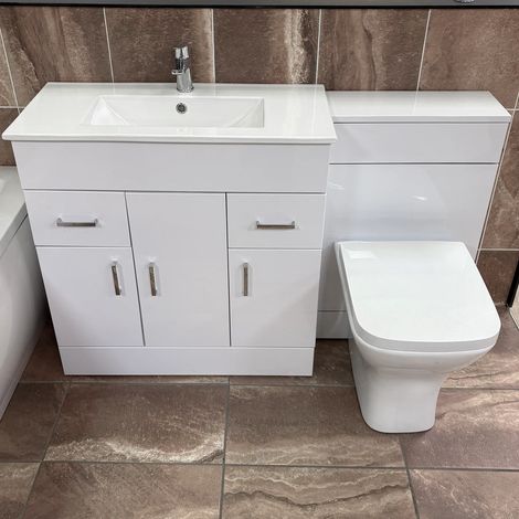 1300mm Bathroom Vanity Suite Basin Unit with Toilet Unit White Gloss Modern, Without Tap (1/5)