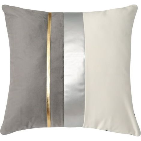 Housse de coussin décorative 18x18 en velours patchwork cuir gris et or, taie d'oreiller moderne luxueuse pour canapé, salon, chambre ou voiture, lot de 1, coussin de décoration élégant (45x45 cm) (1/5)