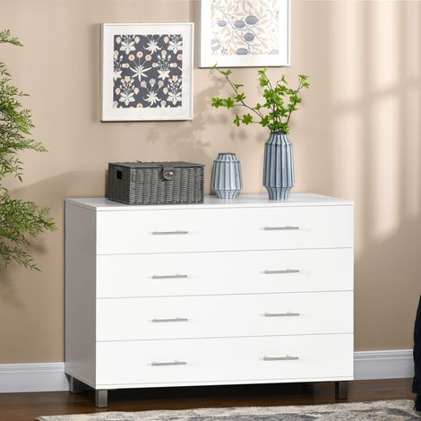 Kommode mit 4 Schubladen für Schlafzimmer, Mehrzweckkommode für Wohnzimmer und Eingangsbereich mit Metallgriffen, Weiß