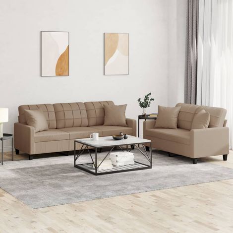 2-tlg. Sofagarnitur mit Kissen Cappuccino-Braun Kunstleder (1/5)