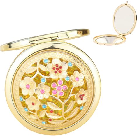 1 Miroir de poche, design rétro floral, miroir grossissant x10, alliage de zinc, pour maquillage et voyage (1/5)