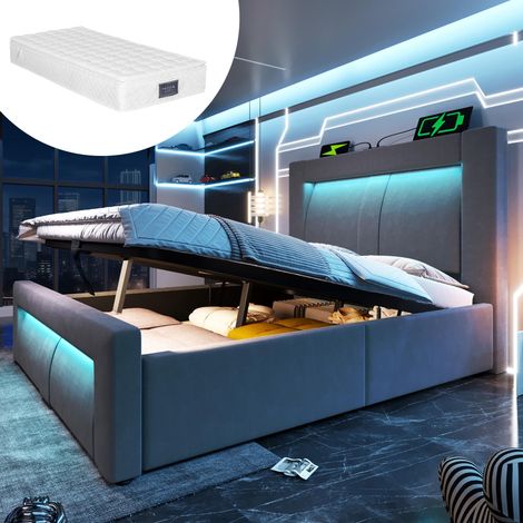 Lit Coffre 90x200cm avec LED, USB-C et Rangement Hydraulique - Lit 1 Place - Tête Courbée, Matelas H3, Gris (1/5)